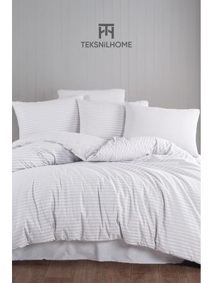 Odea Tr %100 Pamuklu Beyaz Natural Stripe Nevresim Takımı 3 Parça (Çift Kişilik) Beyaz 200 x 230