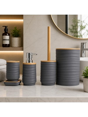 Odea Tr Akrilik Banyo Seti 5 Parça, Çöp Kovası, Tuvalet Fırçası, Sıvı Sabunluk, Diş Fırçalık ve Bardak, Modern Tasarım, Dekoratif Banyo Aksesuar Seti, Gri Bambu