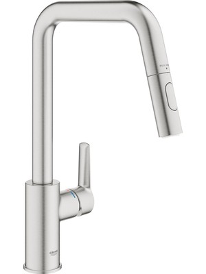Odea Tr Start Quickfix – Pull-Out Çift Püskürtmeli Evye Bataryası (Yüksek U Ağızlı, 360° Dönme Alanı, 28 mm Seramik Kartuş, Kuyruklar 3/8 Inç), Grohe Quickmount ile Kolay Takılır, Paslanmaz Çelik