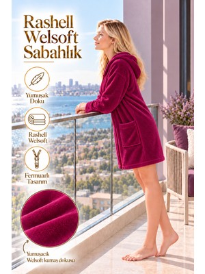 Sabahlık Bornoz Kapşonlu Rashell Welsoft Düz Unisex Yumuşacık Peluş Dokulu Cepli Unisex