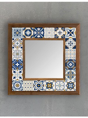 Odea Tr Oscar Stone Decor Masif (Ahşap) Çerçeveli Mozaik Taş Ayna 33X33 cm Mavi Sarı Makyaj Aynası