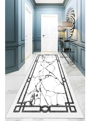 Odea Tr Pelangi Mermer Desenli Dijital Baskı Yıkanabilir Kaymaz Taban Modern Salon Halısı ve Yolluk, Gri-Beyaz 60 x 200, 9554908602007