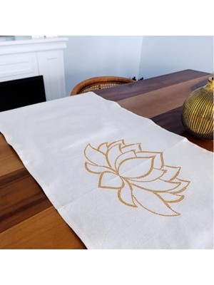 Odea Tr Runner 40*110 cm Lotus Çiçeği Işlemeli Tasarım Runner Masa Örtüsü(Bej-Gold)