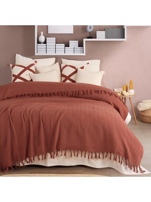 Odea Tr PÜSKÜLLÜ%100 Pamuk Çift Kişilik Yatak Örtüsü, Balıksırtı Desen, Dekoratif Throw, 6 Renk Seçeneği (Kiremit)