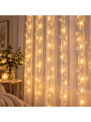 Odea Tr Peri 3x2 Metre Usb'li Kristal Boncuklu Dekoratif LED Işık Zinciri – Sıcak Beyaz Perde ve Oda Süsleme Işığı