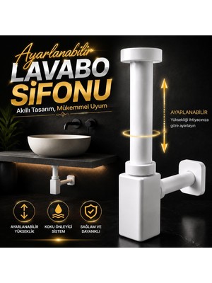 Odea Tr Ayarlanabilir Lavabo Sifonu Mat Beyaz Koku Önleyici Gider Sifonu Modern Tasarım Lavabo Altı Sifon Körüklü Boru