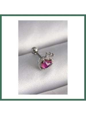 Bezos 316L Çelik Gümüş Renk Pembe Mineli Kalp Zirkon Taş Detaylı Taç Tragus Piercing Bss