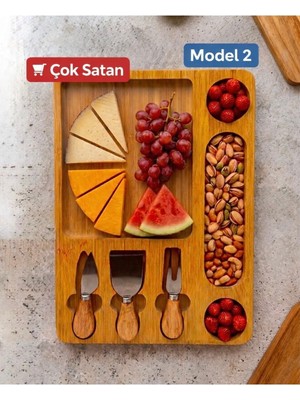 Odea Tr Ahşap Peynir Servis Tabağı 3+1 Bölmeli – 3'lü Peynir Bıçağı Seti Şarküteri Sunum Tahtası Bej 39 x 27