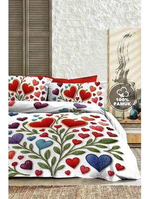 Odea Tr %100 Pamuk Ranforce Çift Kişilik Nevresim Takımı - Embroidered Heart Serisi, MONOHOME82396