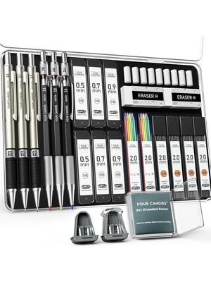 Odea Tr 25PCS Sanat Mekanik Kurşun Kalem Seti, Kılıflı, 3pcs Metal Sanatçı Kurşun Kalem 0.5, 0.7, 0.9 mm ve 3pcs 2mm Kurşun Tutucu (Hb 2h 2b 4b Renk) 432PCS Grafit Kurşun Yedekleri