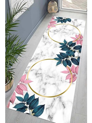 Odea Tr Pelangi Yaprak Mermer Desenli Dijital Baskı Yıkanabilir Kaymaz Taban Modern Salon Halısı ve Yolluk, Beyaz 60 x 200, 9554900602007