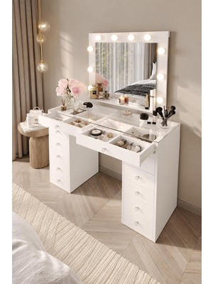 Odea Tr DF02115B LED Işıklı Aynalı Makyaj Masası Tabureli, Bölmeli 12 Çekmeceli Organizer Kozmetik Masası