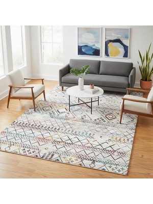 Odea Tr Krem ve Çok Renkli Etnik Desenli Dijital Baskılı Halı Kaymaz Tabanlı, Modern Boho Çizgili Salon ve 120X180 cm