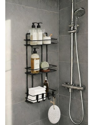 Odea Tr 3 Katlı Siyah Yapışkanlı Banyo Rafı, 2 Kancalı Şampuanlık Düzenleyici, Metal Banyo Askısı