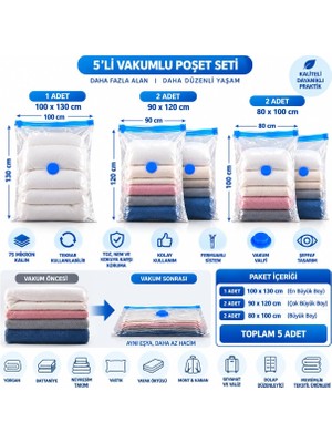 Odea Tr 5'li Büyük Boy Vakumlu Poşet Seti (1 Adet 100×130 + 2 Adet 90×120 + 2 Adet 80×100 Cm) Vakumlu Saklama Poşeti