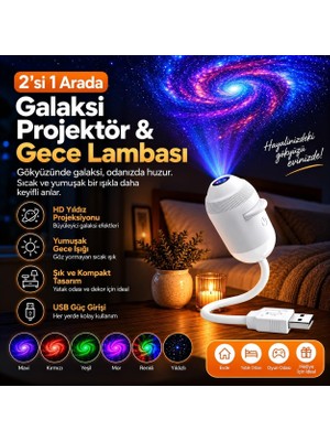 Odea Tr 2'si 1 Arada Galaksi Projektör Gece Lambası – 360° Esnek Boyunlu USB LED Yıldız Projeksiyon, Ayarlanabilir Işık