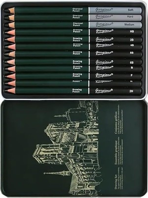 Odea Tr Karakalem Seti 12 Parça 1 Paket Teneke Metal Kutu Eskiz Çizim Seti Kara Kalem