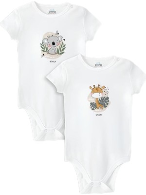 Odea Tr ORGANIK%100 Pamuk Koala Zürafa 2'li Bebek Body Set Beyaz Çıtçıtlı Badi Zıbın Ikili 5324-5325