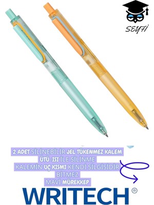 Odea Tr Silinebilir Jel Tükenmez Kalem, 0.5 Mm, 2 Adet Set, Yeşil-Sarı, Mavi Mürekkep, Isı ile Silinebilir