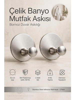 Odea Tr 2 Li Set Çelik Yapışkanlı Banyo Havluluk Mutfak Askısı Gümüş Bornoz Duvar Askılığı 4,5 cm Çap 304 Paslanmaz 723453