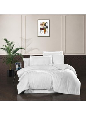Odea Tr Çizgili Saten Nevresim Takımı, Çift Kişilik 4 Parça | Pamuklu Saten, Yumuşak ve Serin | Nevresim 200X220, Çarşaf 240X260, 2 Yastık Kılıfı 50X70 cm | Beyaz