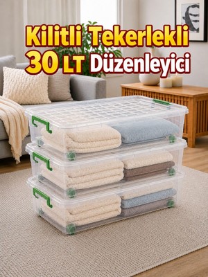 Odea Tr 3'lü Set 30 Lt Kilitli Tekerlekli Saklama Kutusu Şeffaf Yatak Altı Düzenleyici Kutu 63X40X18 cm