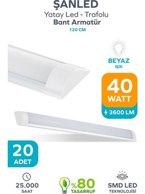 Odea Tr 120 cm 40 Watt Yatay LED Bant Armatür-Trafolu Beyaz Işık-1-2-4-5-8-10-20-40 Adettir (Beyaz- 20 Adet)