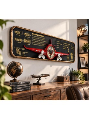 Odea Tr Nostaljik Uçak Temalı Kırmızı Pano Saat 77 cm