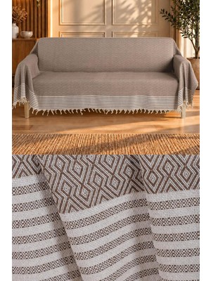 Odea Tr Natural Buldan Işi Kolları Örten Kaymaz Kanepe Çekyat Koltuk Örtüsü 180X300 cm Pamuk Dokuma (Kahverengi)