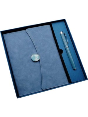 Odea Tr Deri Defter Kalem Set Kutulu Özel Tasarım Hediyelik Set Mavi