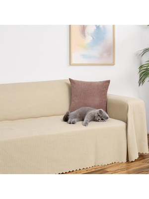Odea Tr Mikrofiber Şönil Fitilli Minimalist Koltuk Örtüsü -175X350 cm Xlarge, Çift Taraflı, Kaymaz, Terletmez, Bej