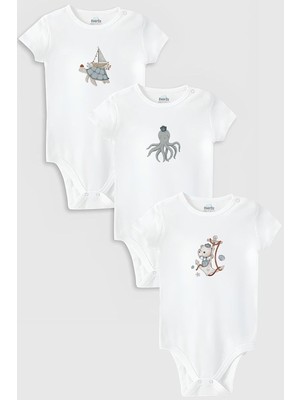 Odea Tr ORGANIK%100 Pamuk Deniz 3'lü Bebek Body Set Beyaz Bebek Badi Çıtçıtlı Zıbın Üçlü 5774-5775-5776