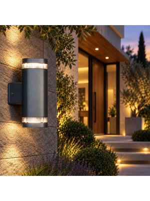 Odea Tr Gala Duo Modern Cam Detaylı Çift Yönlü LED Duvar Apliği 80X120X210 mm IP65 Alüminyum Dış Mekan Bahçe Balkon Teras Cephe Aydınlatması 3000K