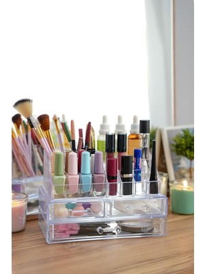 Odea Tr Şık Tasarım Büyük Boy 3 Çekmeceli Makyaj ve Kozmetik Düzenleyici Organizer Set Şeffaf Tek Ebat