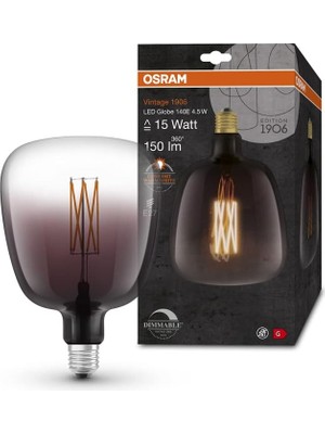 Odea Tr Lamps Vintage 1906 LED Lamba, Duman Tonlu, 4,5 W, 150 Lm, Küre Şeklinde 140 mm Çap ve E27 Duy, Sıcak Beyaz Işık Rengi, Düz Filament, Kısılabilir, 15.000 Saate Kadar Kullanım Ömrü, 4058075760974
