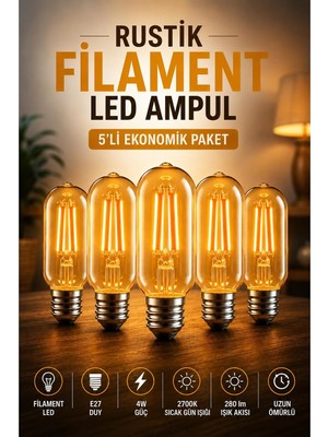 Odea Tr T45 Rustik Filament LED Ampul, E27 Duy, 4W, 2700K Sıcak Gün Işığı, 280 Lm, 5'li Set