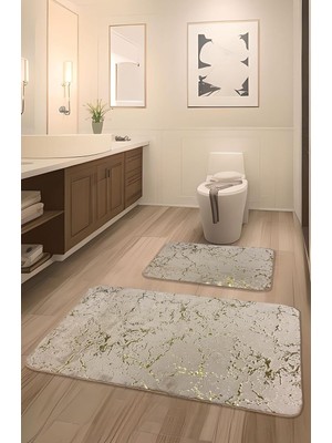 Odea Tr Suadiye, Tavşan Tüyü,kaymaz Taban,emici 2'li Süper Lüks Simli Banyo Paspası (Camel Gold)