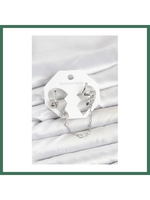 Bezos Pirinç Gümüş Renk Yılan Model Zincir Bağlantılı Ear Cuff Küpe Seti Bss