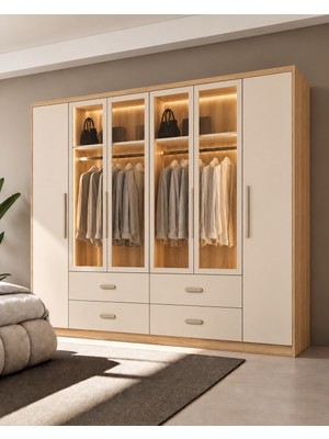 Zera Kum Beji Mdf Gardırop Elbise Dolabı Mdf Kapaklı 240X218X57