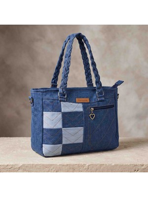 Mavicenza El Yapımı Kot Patchwork Omuz ve Çapraz Askılı Kadın Çanta - Günlük Kol Çantası 30X25X10 cm