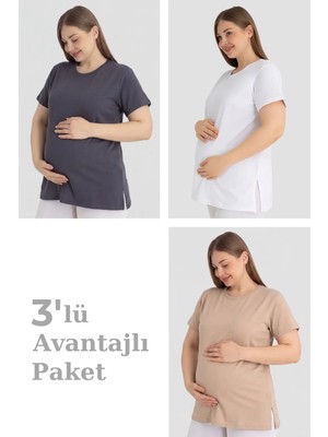 Armoris Özel Üretim Pamuklu Kısa Kollu Hamile Tişört 3'lü Paket Ev Giyimi Renkli Set Giyim Seti