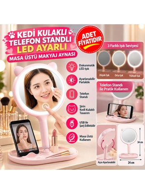 Str Store Kedi Kulaklı Telefon Standlı Yuvarlak Dokunmatik LED Ayarlı Masa Üstü Makyaj Aynası(Adet Fiyatıdır)