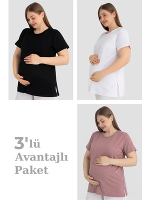 Armoris Delux Serisi Pamuklu Kısa Kollu Hamile Tişört 3'lü Paket Anne Giyimi Yazlık Giysi Renkli Set