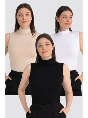 Armoris Kadın Siyah Beyaz Ten Balıkçı Yaka Kolsuz Body 3'lü Paket Basic Üst Modeller Kombin Parça