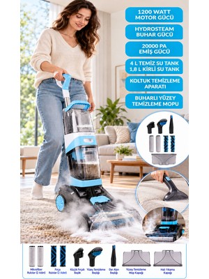 Yasomi T20 Pro HydroStream 1200W 20kPa Buhar Fonksiyonlu Dikey Halı Yıkama Koltuk Yıkama ve Buharlı Paspas Makinesi
