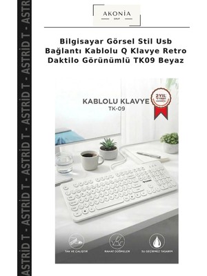 Bilgisayar Görsel Stil USB Bağlantı Kablolu Q Klavye Retro Daktilo Görünümlü TK09 Beyaz