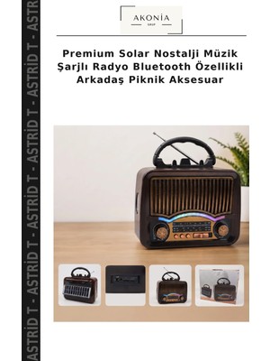 Premium Solar Nostalji Müzik Şarjlı Radyo Bluetooth Özellikli Arkadaş Piknik Aksesuar