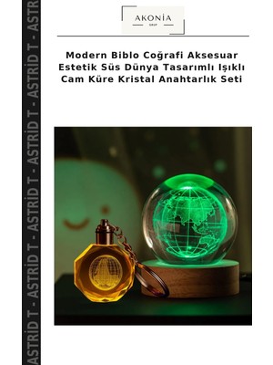 Modern Biblo Coğrafi Aksesuar Estetik Süs Dünya Tasarımlı Işıklı Cam Küre Kristal Anahtarlık Seti