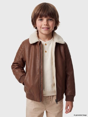 LC Waikiki Lcw Kids Kahverengi Kürk Yaka Erkek Çocuk Deri Görünümlü Mont