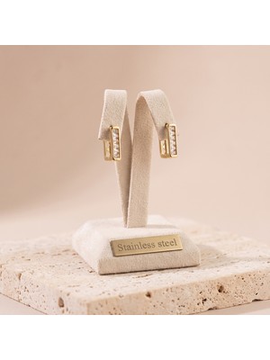 Stainless Steel Vıp Seri 316L Çelik Gold Renk Baget Zirkon Taşlı Kare Halka Küpe 1,3 cm